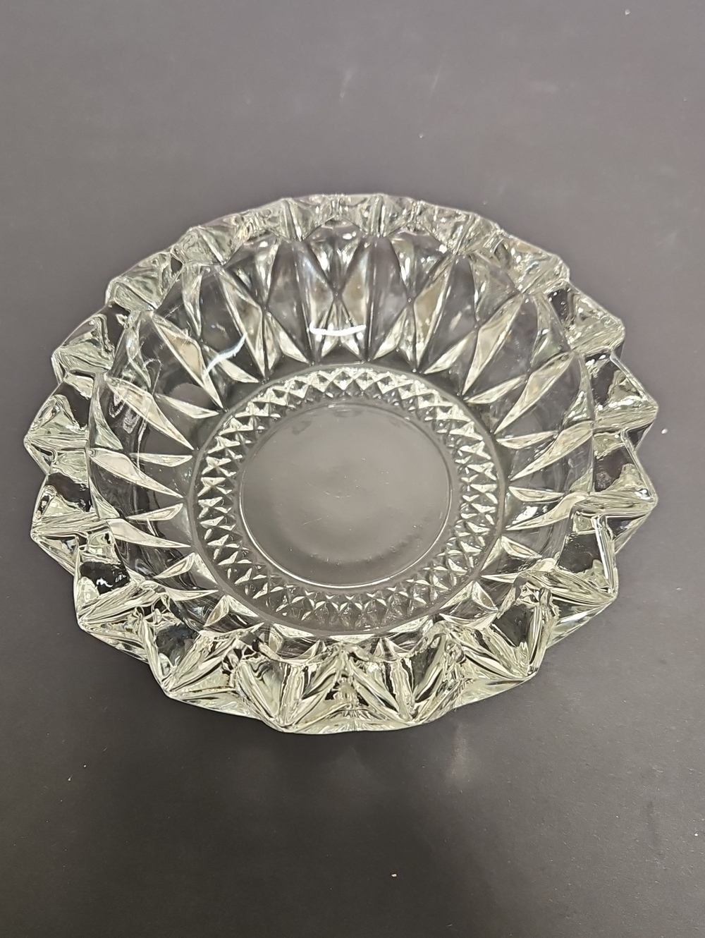 Vintage KIG Indonesia heavy pressed clear glass ashtray